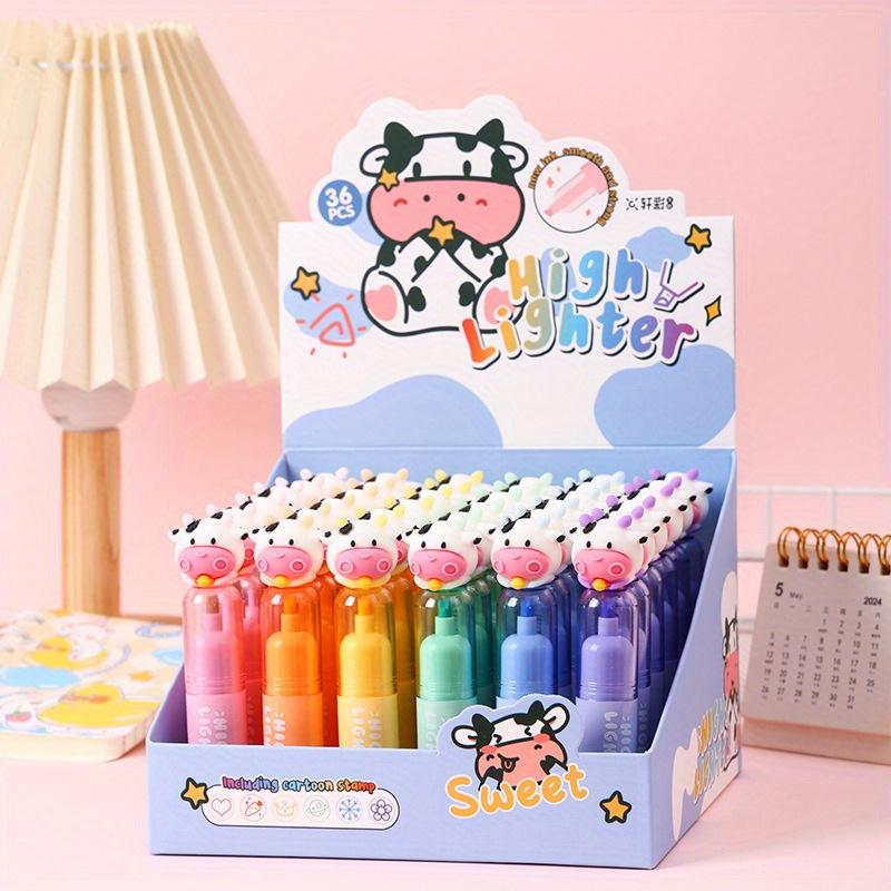 

36pcs Cute Dairy Cow Seal Student Hand Pen Creative Stationery Seal Highlighter Kawaii Drawing Fluorescent Marker Pens Office School Supplies Random style