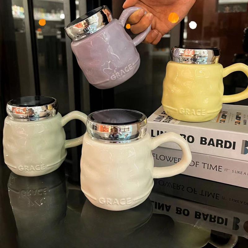 Ins Goggle Mug with Lid Household Drinking Cup Light Luxury Ceramic Cup High Appearance Design Coffee Cup