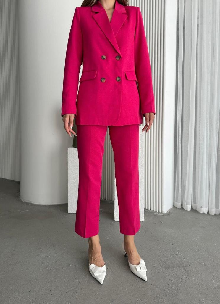 GILLAS QUEEN Women's Fuchsia Organic Linen Buttoned Blazer Jacket Trouser Suit