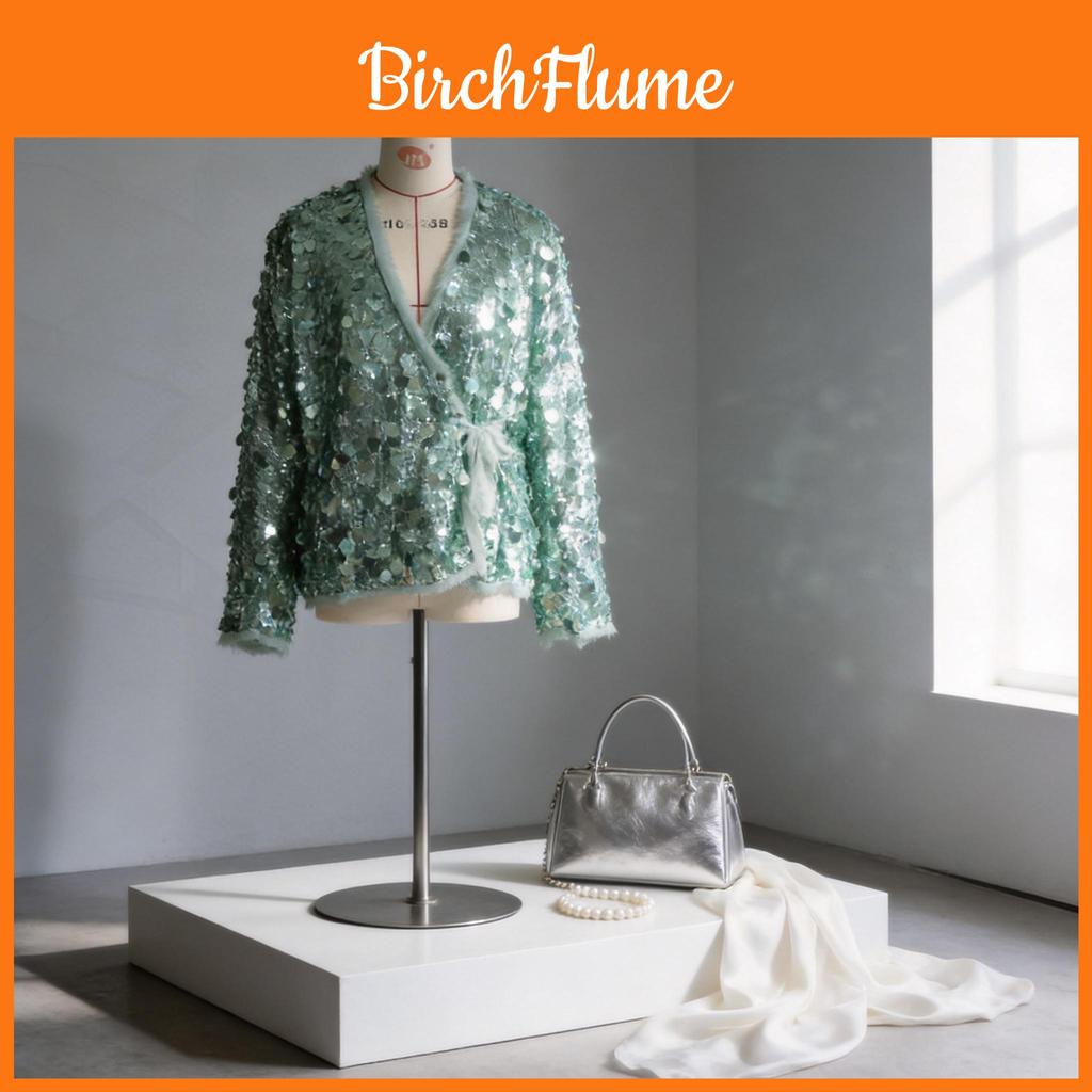 Elegant Polyester Long Sleeve V Neck Blouse With Sequins For Office Women