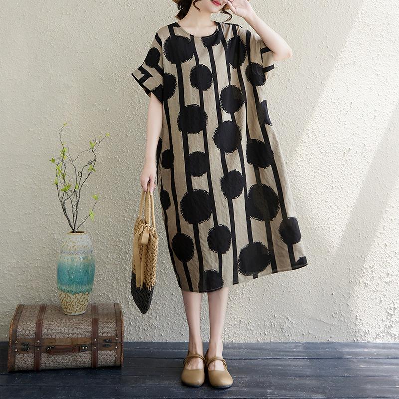 Real shot summer thin cotton and linen literary retro loose short sleeve fat mm knee dress women