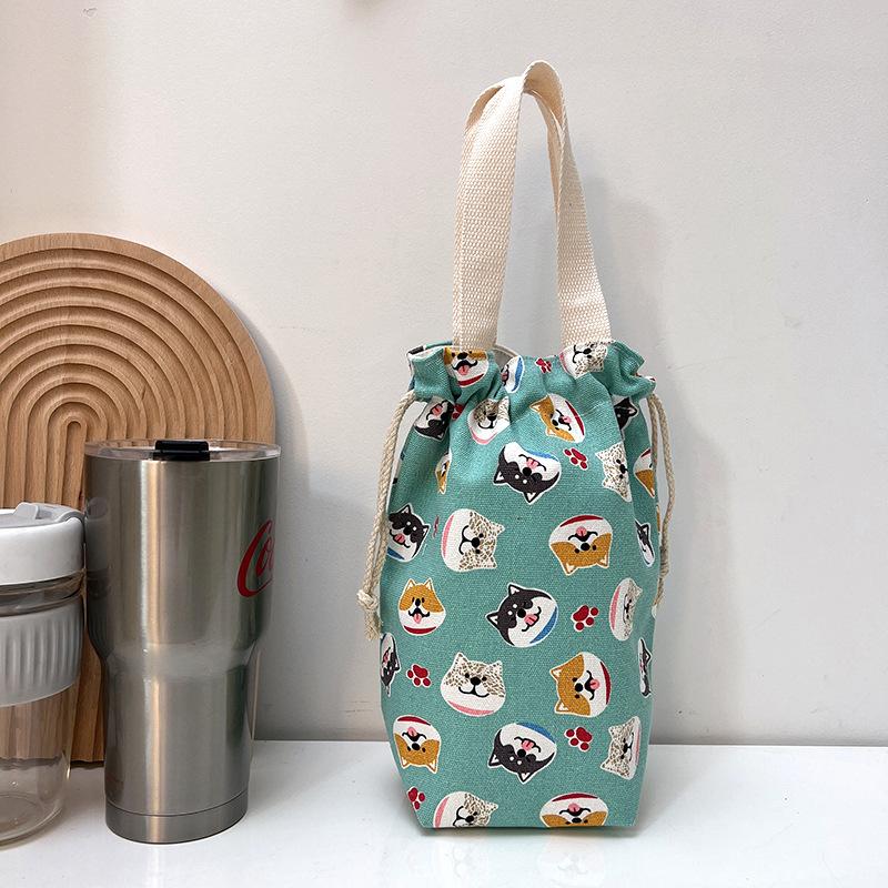 Portable Canvas Insulator Sleeve Bag Case Thermos Pouch Cartoon Pictures Closing Drawstring Storage Bag Vacuum Cup Set