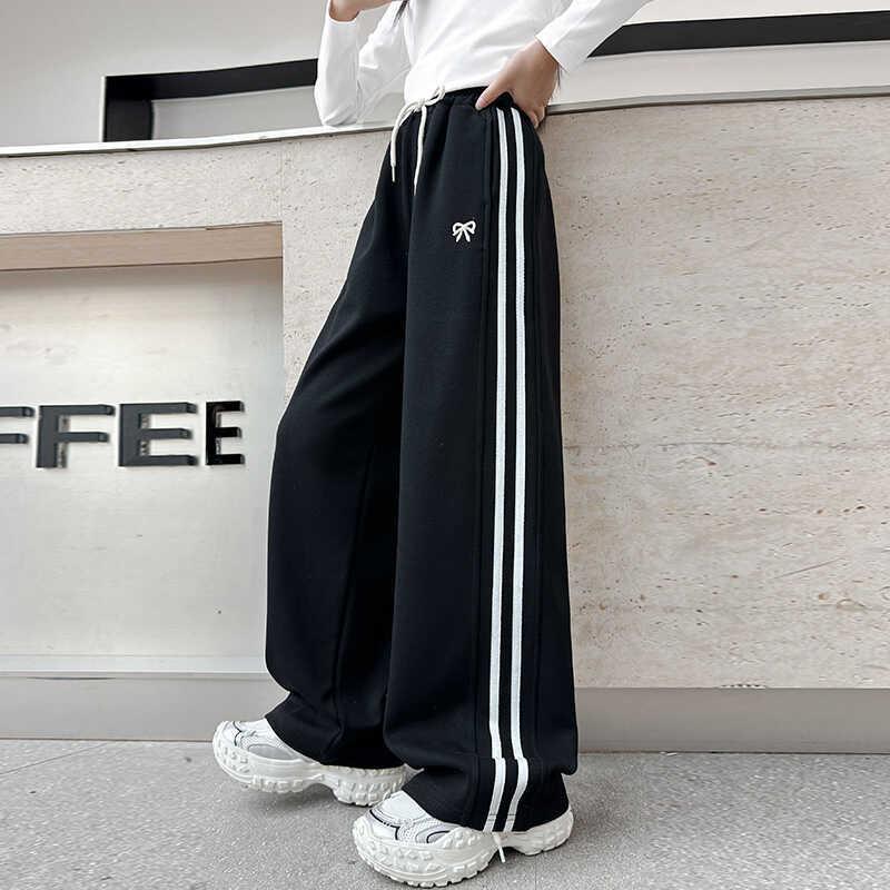Spring Autumn Girls'  Sports Pants Teenager Wide-leg Casual Trousers Children's Straight Loose Pants Kids Clothing