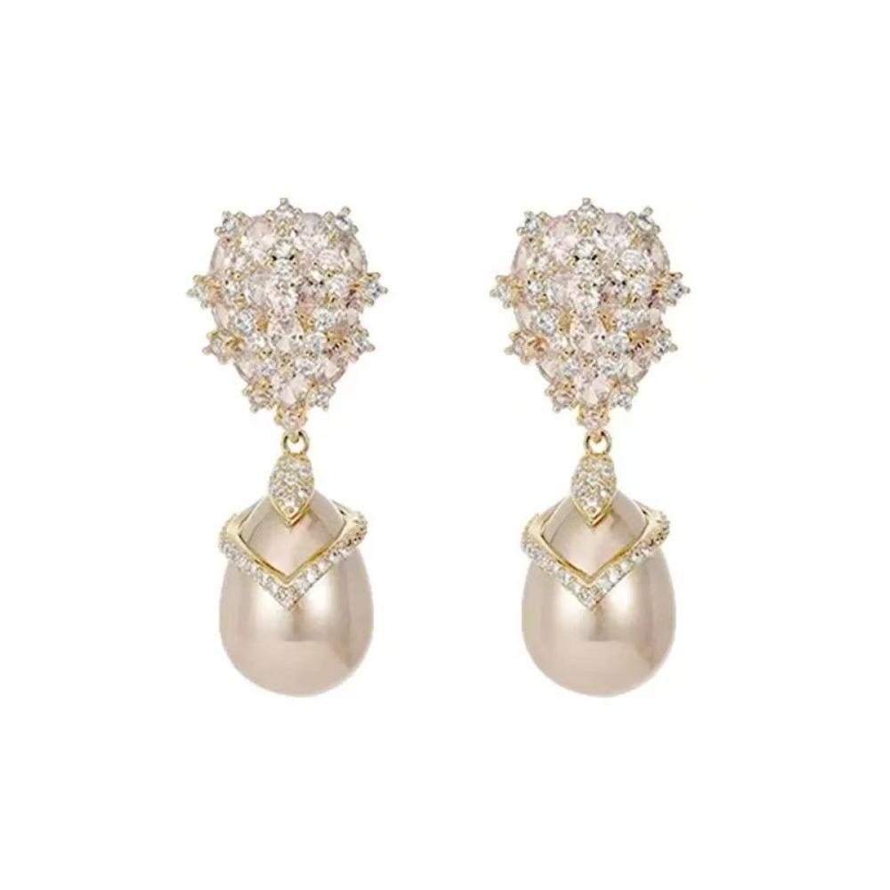 Classic Pearl Drop Earrings Shiny Champagne Pearl Zircon Earrings  For Women
