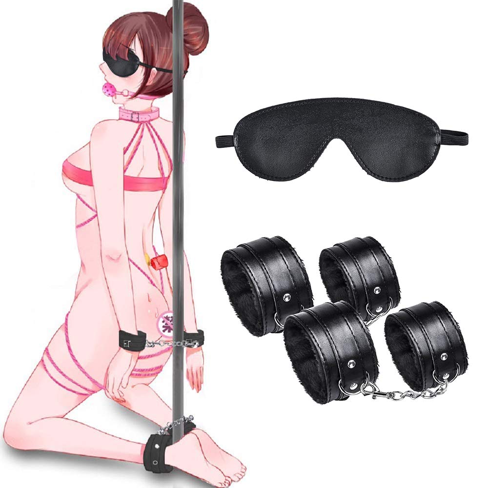 Ninonly SM Goods SM Set Restraints Set Handcuffs Leg Cuffs Eye Mask SM Play Fluffy Adjustable Eliminates Boredom 3-Piece (Black)