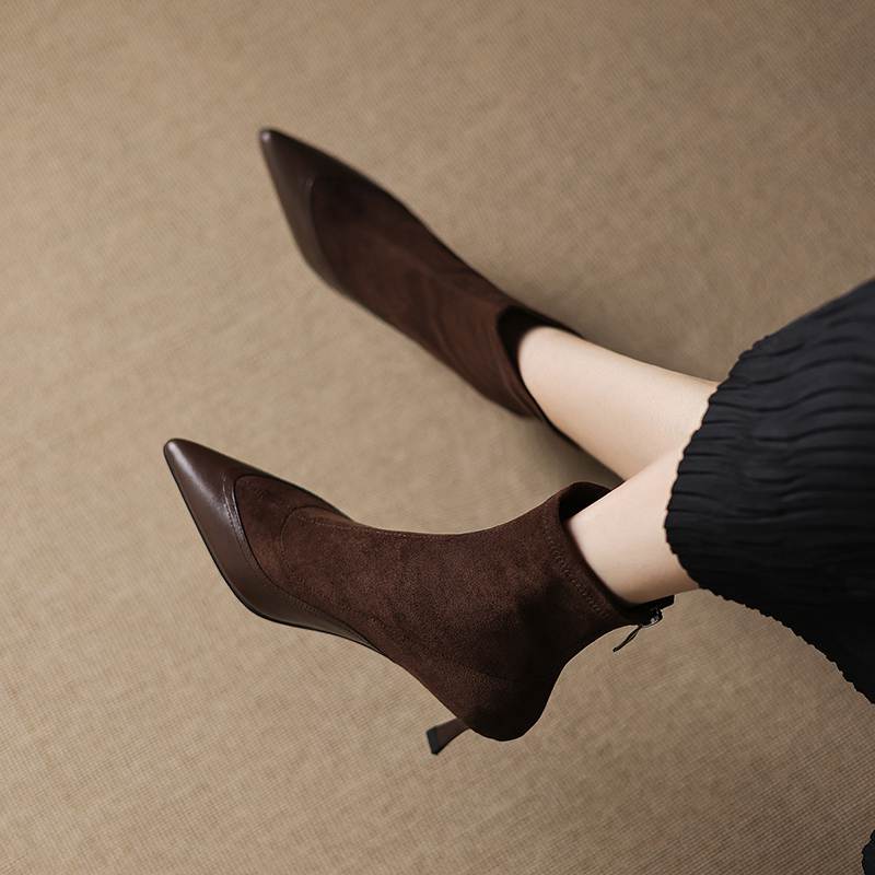 Krazing Pot Flock Pointed Toe Thin High Heels Modern Boots Size 42 Zip Patch Work Women Elastic Ankle Boots