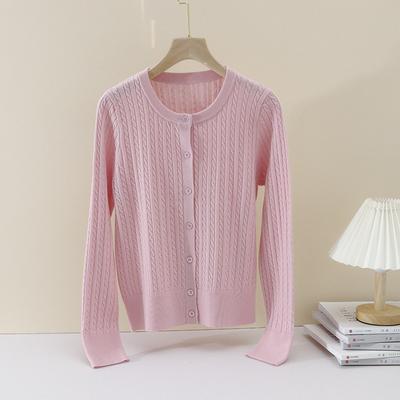 Early Spring New Simple Crew Neck Long Sleeve Cable Knitted Wool Cardigan Temperament Versatile Small Coat Women's Base Sweater