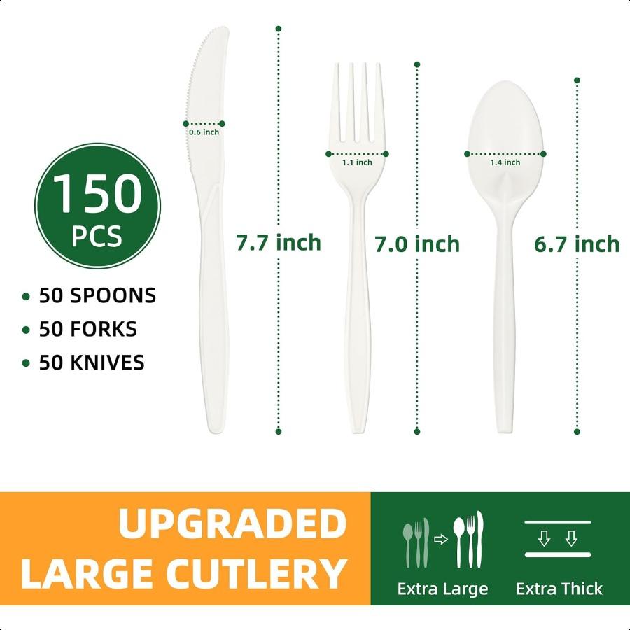 100% Compostable Cutlery Set150pcs 50 Forks 50 Spoons 50 Knives Disposable Cornstarch Utensils Heavy Duty BPI Certified EcoFrie