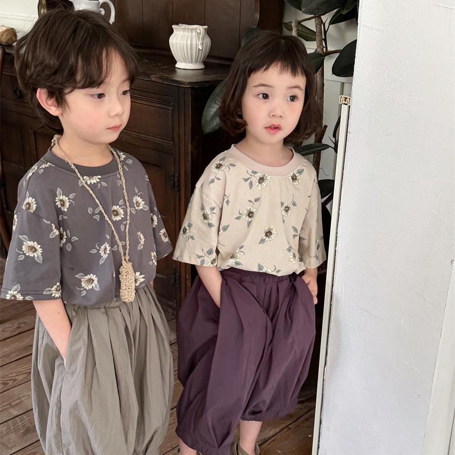 Children Pants Summer Solid Color Loose Cropped Pants for Boys and Girls Baby Bloomers Wide-leg Pants.
