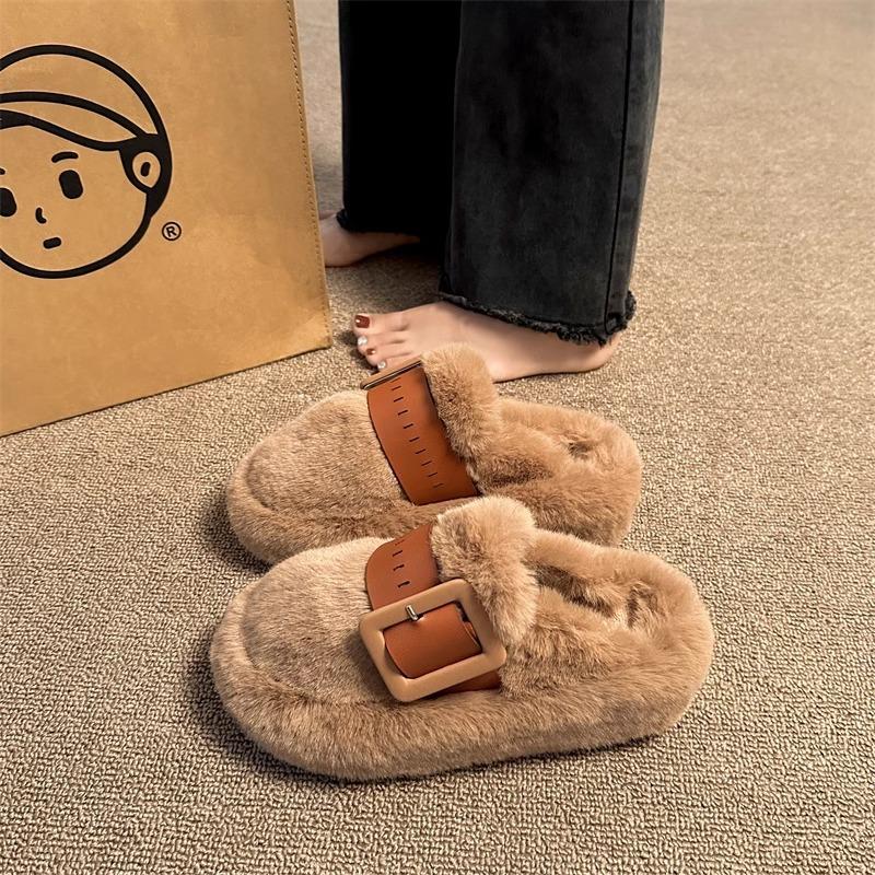 Thick-bottomed fluffy slippers women's outer wear bag head half-tow Internet celebrity warm and velvet popular office home cotton slippers