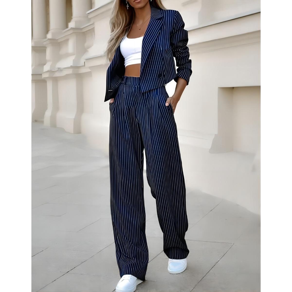 

Женский повседневный костюм в полоску с принтом «Темперамент Коммутатор» из двух частей XL синий