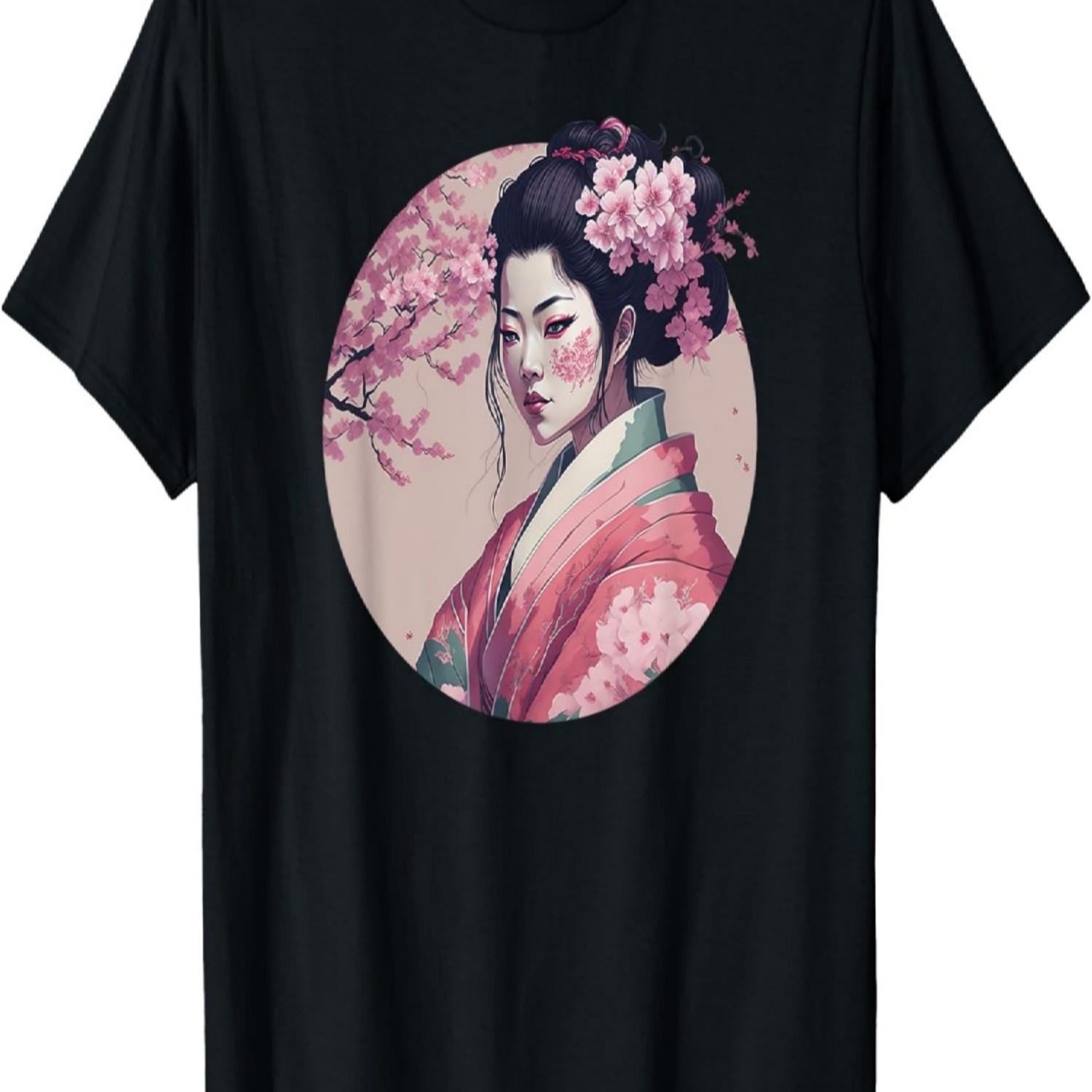 Modern Ukiyo-e Beautiful Asian Woman with Cherry Blossoms T-Shirt S чёрный