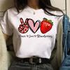 Peace Love Strawberry Fruit Print Women T Shirt Summer Short Sleeve O Neck Tshirt Fashion Lady Shirt Top Clothes