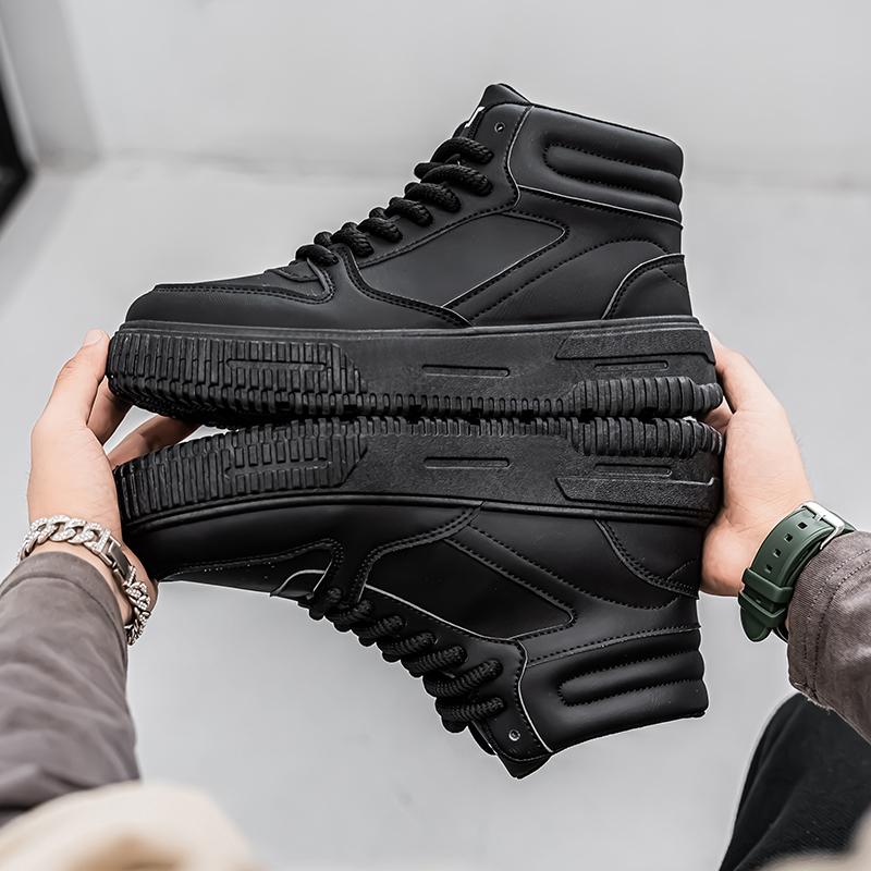 PU Leather Footwear Men Casual Shoes High Top White Breathable Footwear Shock-absorber Platform Hidden Increasing Sneakers