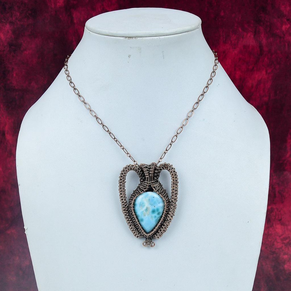Pingente de Pedra Larimar Feito à Mão Marca Nova Pingente Joia Enrolada com Fio de Cobre