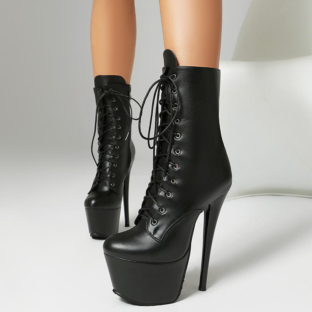 British Lace-Up Short Knight Boots Water Platform Super High Heel Nightclub Boots Catwalk Boots 40-46 Large Size Boots