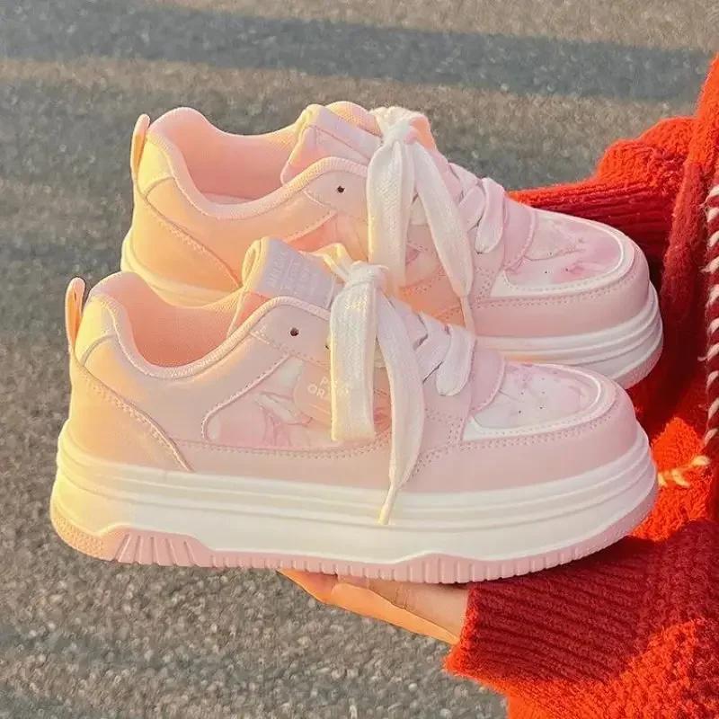 Fashion New Spring Women Breathable Sneakers Cute Pink Graffit Shoes Thick Heel Sneakers Casual Running Platform Y2K Lolita Sports Shoes