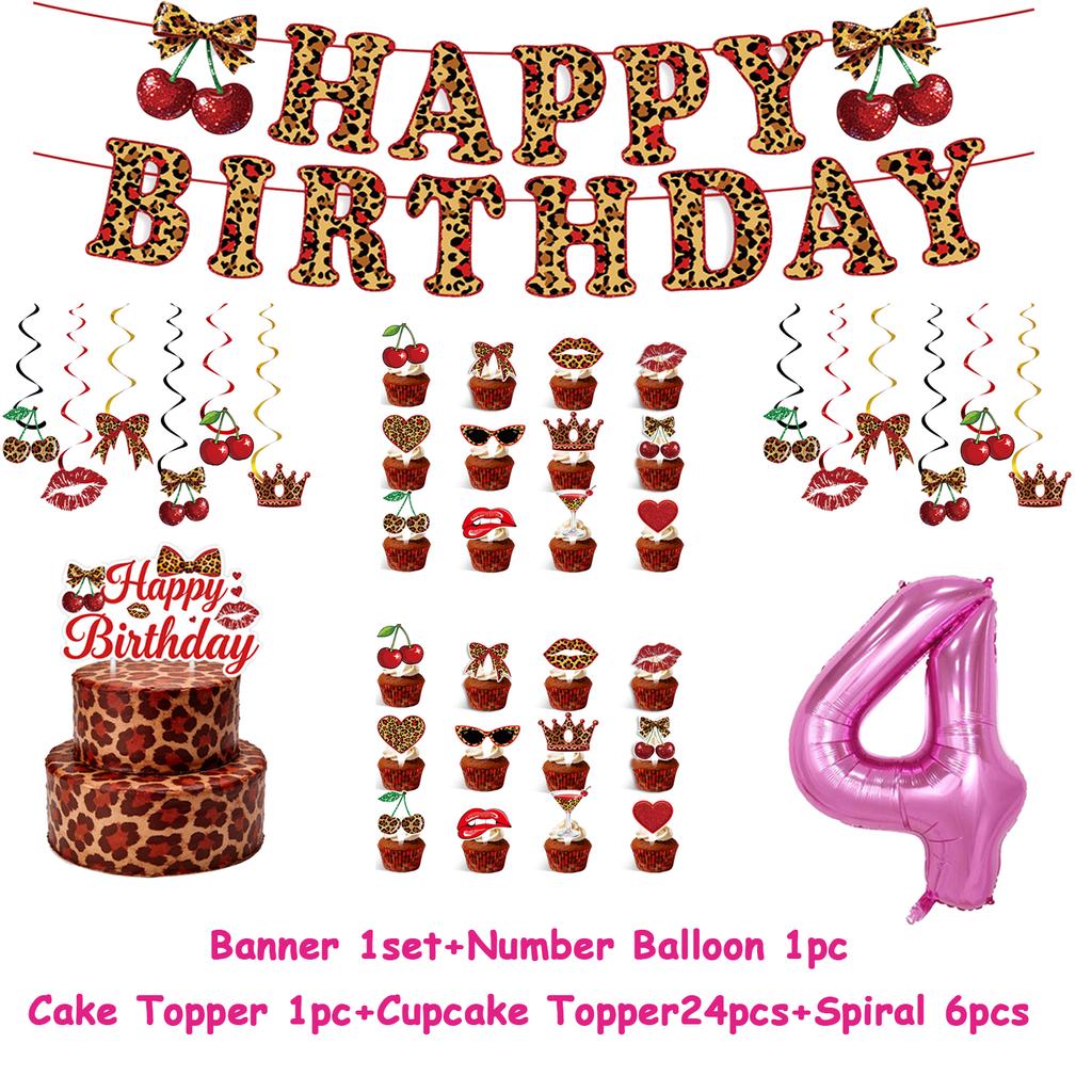 Pink Cherry Leopard Theme Birthday Party Decoration Plate Cup Balloon Banner Sexy Women Girls Shiny Photography Background Gifts