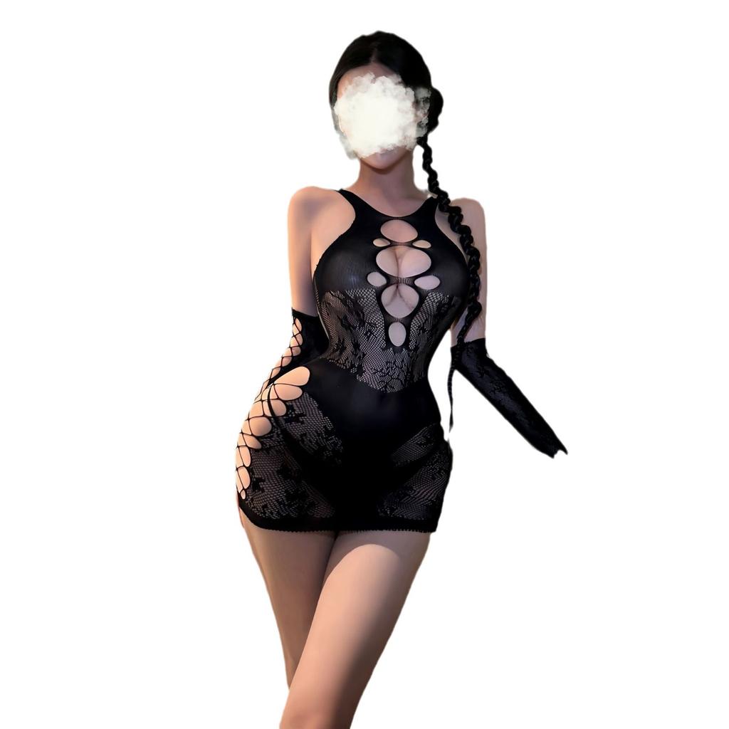 Crispy lingerie open-file breasts passion suit transparent temptation sexy one-piece netwear one-piece suspenders net socks