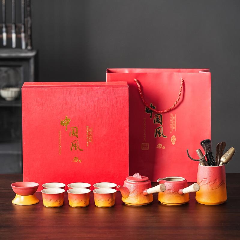 

Легкая роскошь красный оранжевый градиентный грубая керамика чайный сервиз гостевой чай кунг-фу набор товары бизнес-предприятие