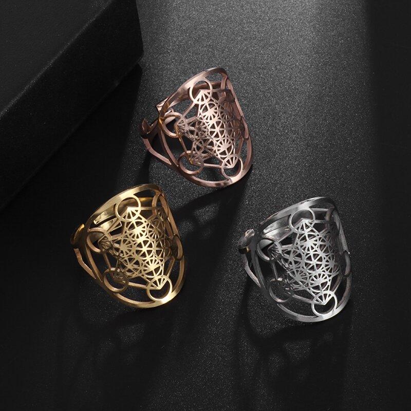 Stainless Steel Metatron Ring Adjustable Size Archangel Signet Lotus Flower Ring Solomon Geometry Supernatural Women Jewelry