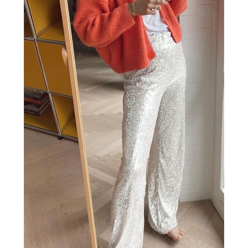 Calças femininas de verão com lantejoulas casuais e pernas retas