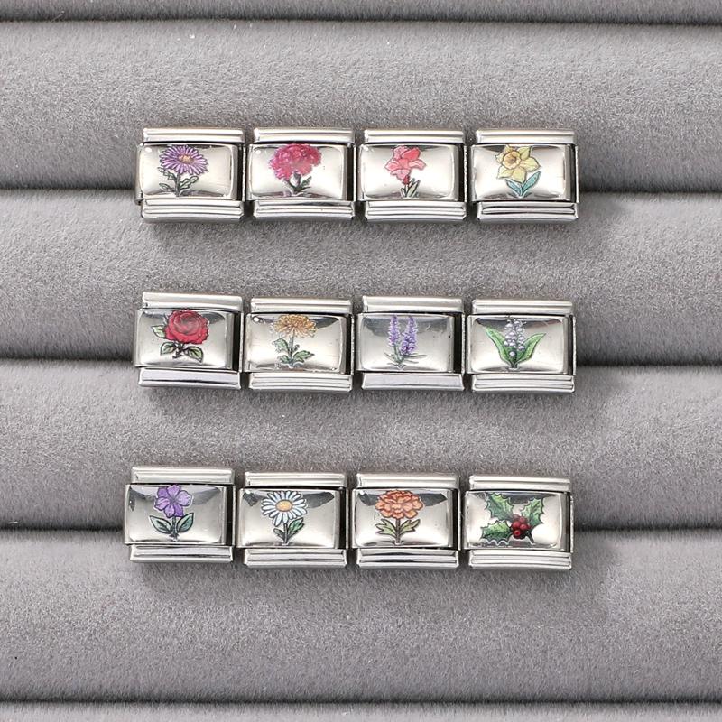 Fashion Violet Rose Daisy Sunflower Lavender Flowers Italian Beads Fit 9mm Stainless Steel Bracelet Making DIY Charm Jewelry