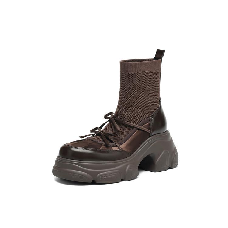 Neue erhöhende Muffin-Dicksohlen-Elastikstiefel, lässig, vielseitig, runde Spitze, sportliche kurze Stiefel, Damenleder, wasserdicht, Plateau-Dad-Schuhe