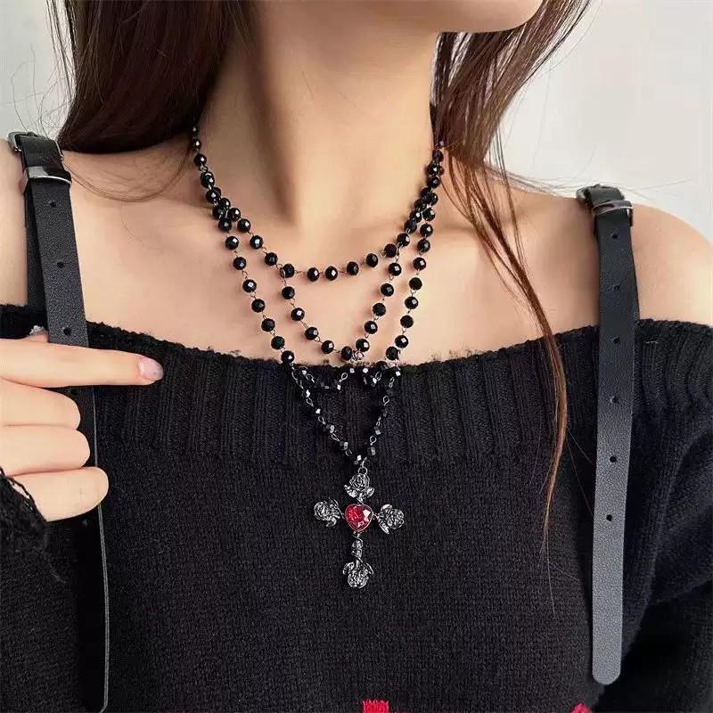 Y2K Gothic Style Black Beaded Cross Necklace & Cool Girl Sweatshirt Accessory