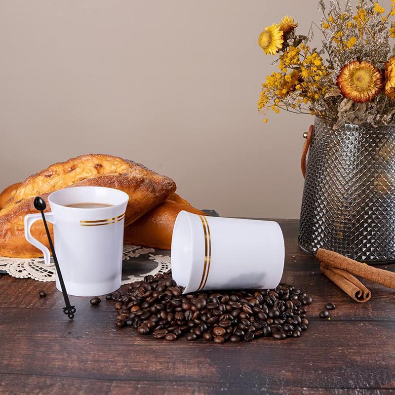 Plastic Coffee Mugs 8 Oz Coffee Cups With Handle White Gold Rim Disposable Tea Cup Soup, Espresso Mug, Hot Or Cold Drinks
