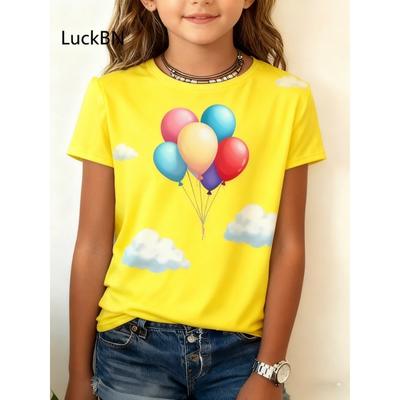 Camisetas Infantis Fofas com Estampa 3D de Balão de Coração para Meninas, Moda Arco-Íris, Macias e Confortáveis, Top Infantil