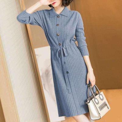 Frühling Herbst Revers Strickkleid Damen Lange lose Krawatte Pullover Kleider