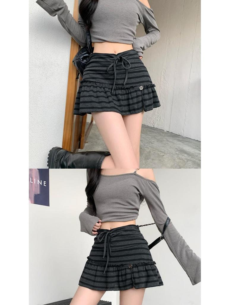 2025 Herbst-Winter Damen Retro Gestreifte Kordelzug Schichtrockhose mit Elastischem Bund