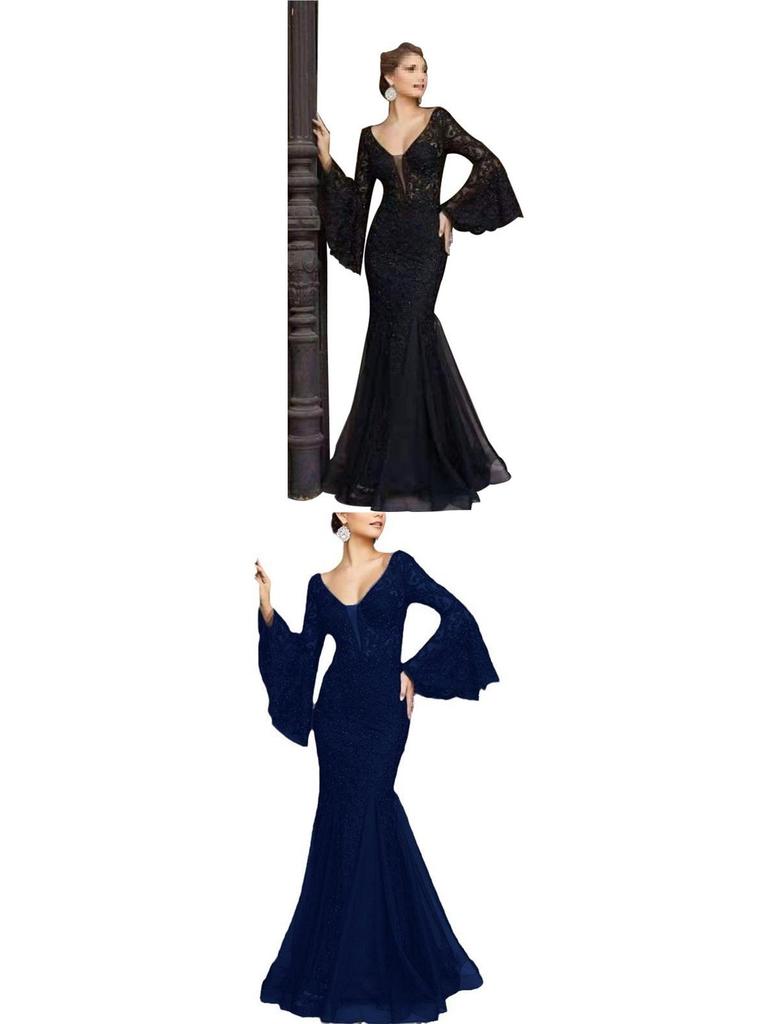 Elegant Black Fishtail Lace Evening Gown for Women