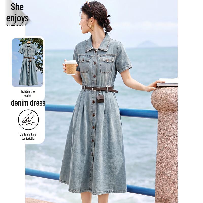 Women s Lapel Denim Short-Sleeve A-Line Dress L