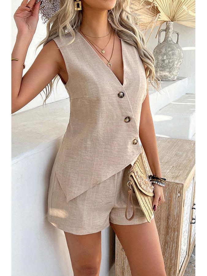 Summer 2025 V-Neck Irregular Vest & Shorts Set for Europe and America