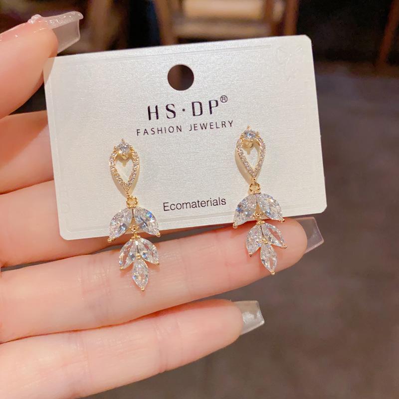Women Exquisite Fashion Luxury Zircon Leaf Tassel Drop Dangle Earrings