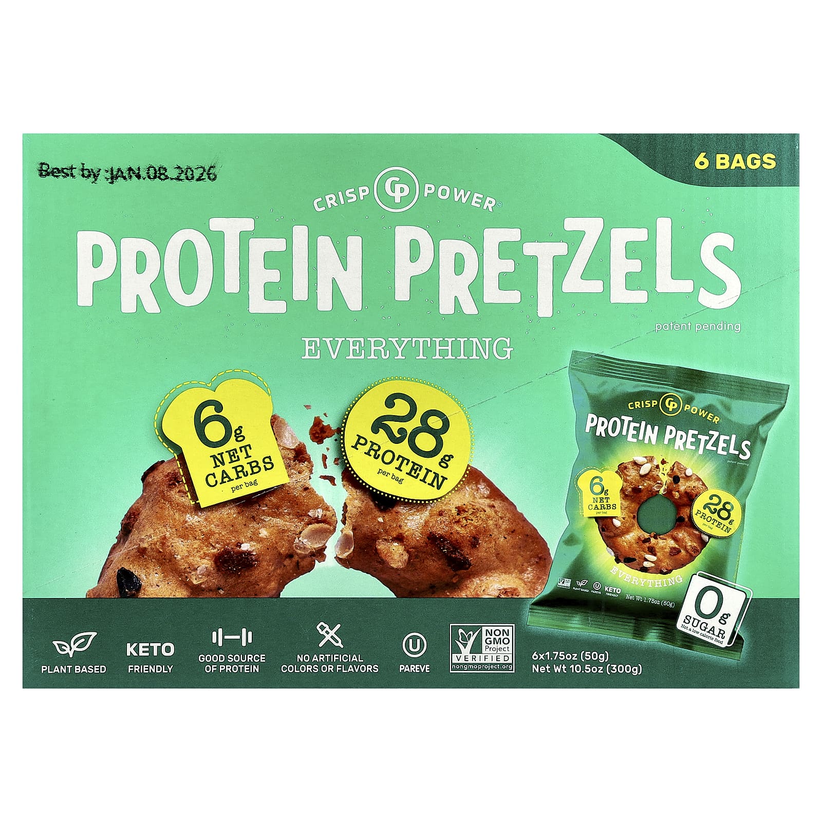 

Crisp Power, Protein Pretzels, Everything, 6 Bags, 50g (1.75oz) Each