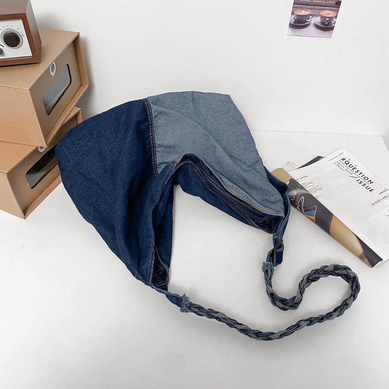 Student Backpack Color-block Denim Crossbody Bag Lazy Style Large-capacity One-shoulder Woman All-matching Fashionable