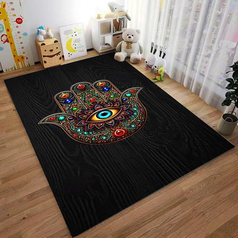 Hamsa Hand Carpet with Colorful Eye Design on Black Background Suitable for use as an anti-slip for living room bedroom sofas