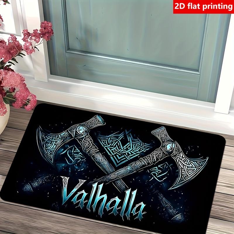 2D Flat Printing, 1pc Ice Blue Rune Viking Battle Axe Printed Floor Mat, Flannel Material, Machine Washable, Suitable for Living Room, Doorway, Kitche