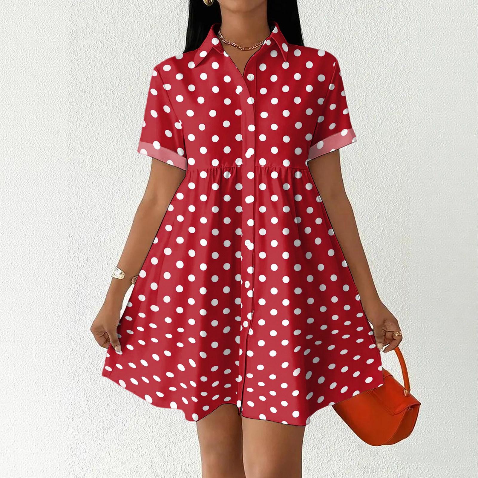 

Women’s Casual Loose Fit Shirt Dress with Button Stand Collar and Abstract Print Short Sleeve Relaxed Tunic Dress S винний