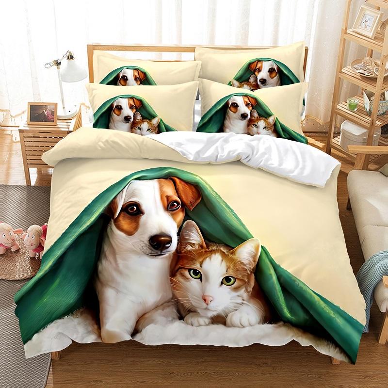 Cat and Dog Duvet Cover Set 3d Printing Cute Animal Theme Comforter Cover King Queen Size for Kid Boy Girl Polyester Bedding Set