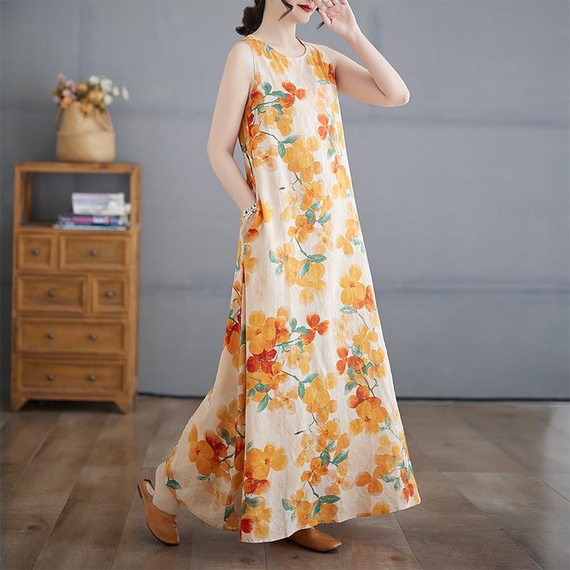 

DIMANAF 2025 Women Linen Summer Flower print Dress Casual Ladies Basic Long Dress 8084 2XL