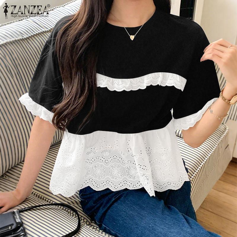 

ZANZEA Women Casual Round Neck Lace Patchwork Summer Short Sleeve Blouse 5XL хакі