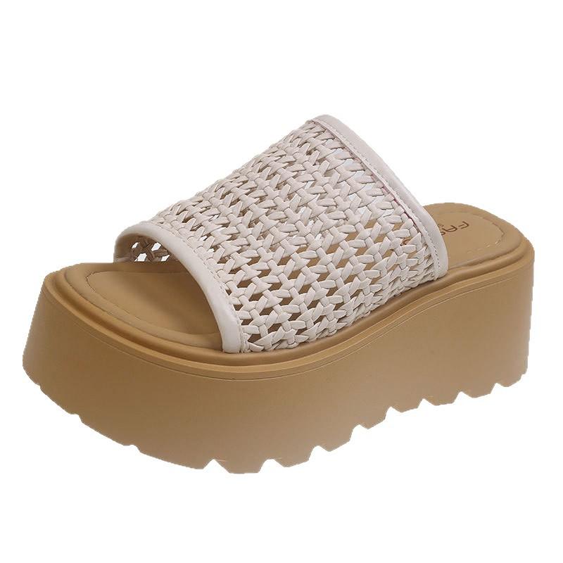Thick Bottom Heightened Slope Heel Birkencool Slippers Women's Summer Wear 2025 New Model with Skirt Mesh Hollow One-word Drag