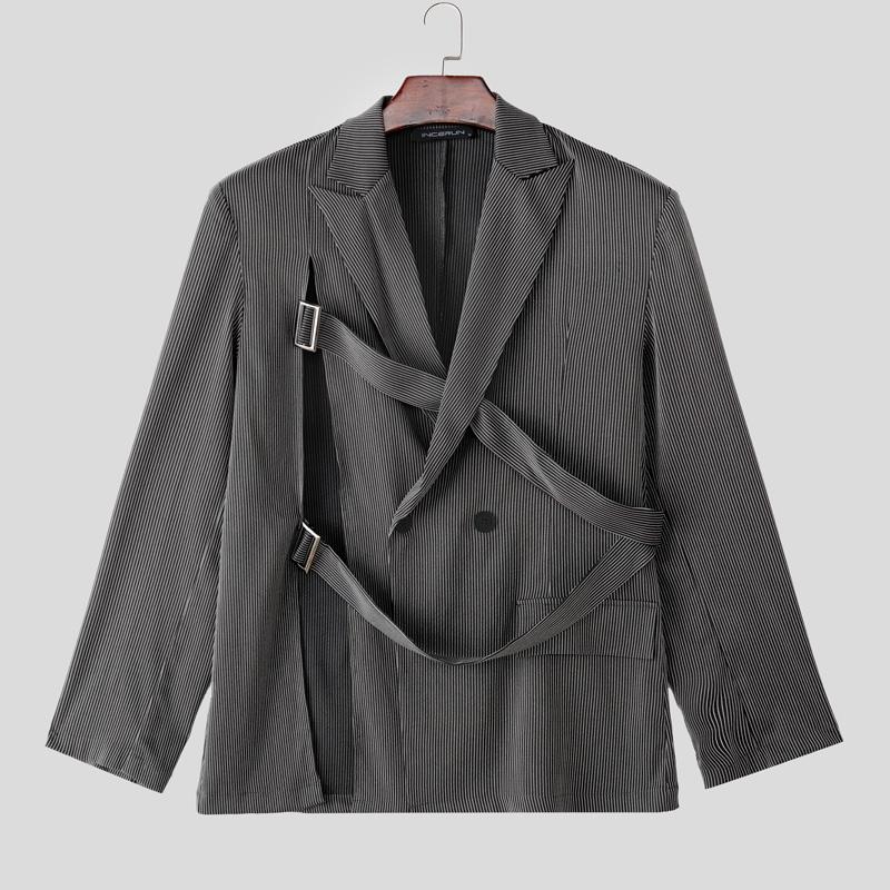 INCERUN Men Notched Lapel Long Sleeve Striped Cutout Front Cross Party Thin Blazer Coats