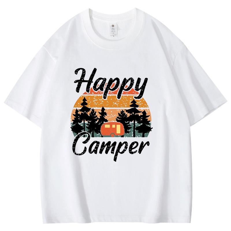 Happy Camper Camping Theme Printed Cotton T Shirt Women Unisex Teens Fashion Hip Hop Harajuku Casual Short Sleeve Tops Tees Shirts