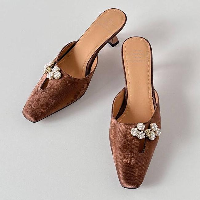 Fashion Square Toe Slippers Women Heeled Sandals Crystal Mules Mid Heels Shoes Summer 2025 New Elegant Dress Party Trend Pumps Mujer