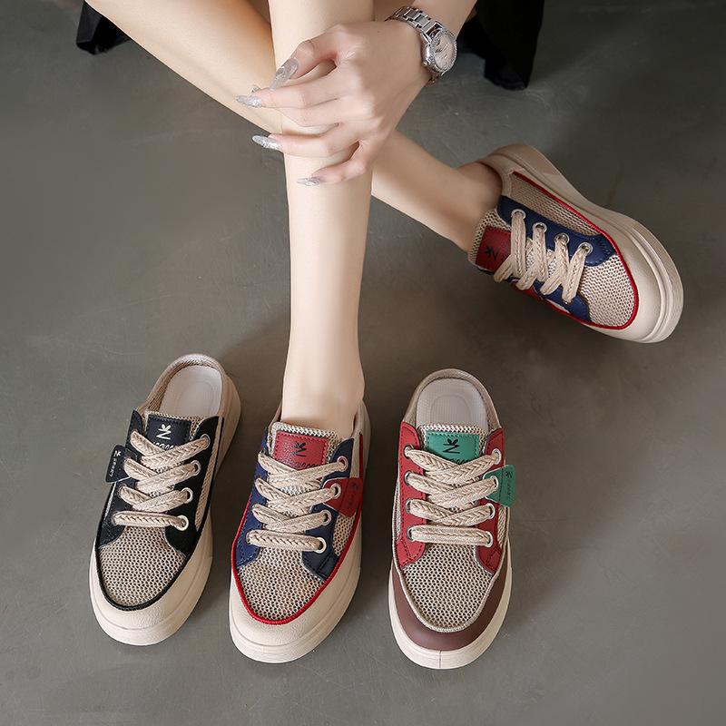 Summer new ins Korean version through the net hollow white shoes female students versatile casual half drag women's shoes tide Q6